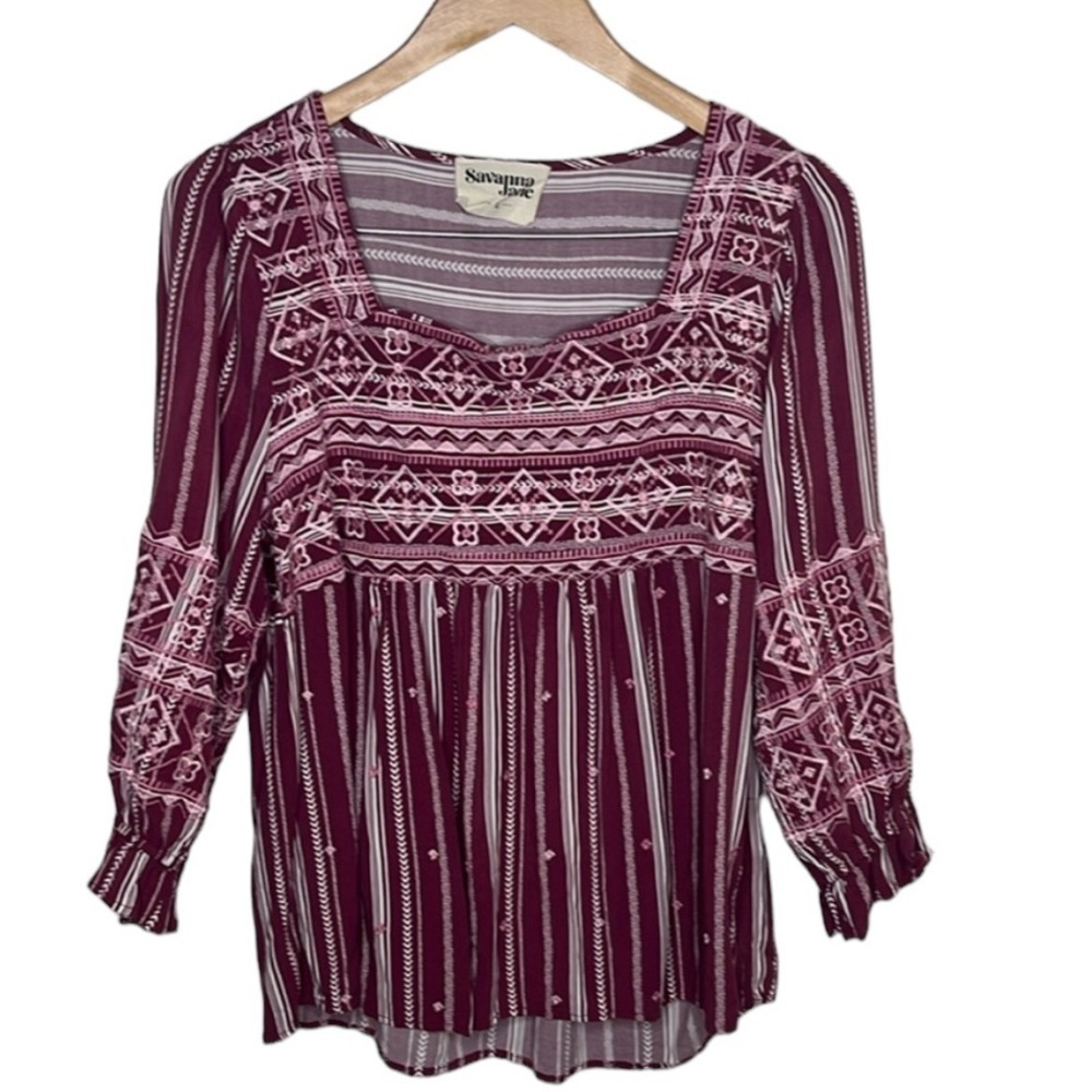 Savanna Jane Maroon Embroidered Striped Square Neck Blouse Women Size L